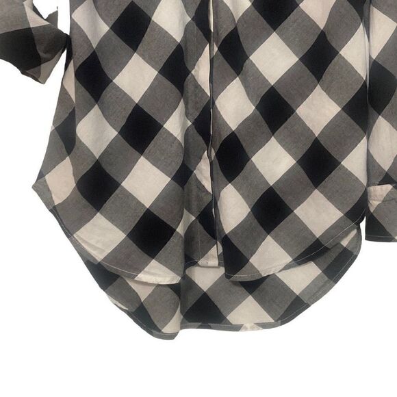Crown & Ivy Black White Plaid Button Front Roll Tab Sleeve Ladies Shirt Medium - Picture 4 of 7